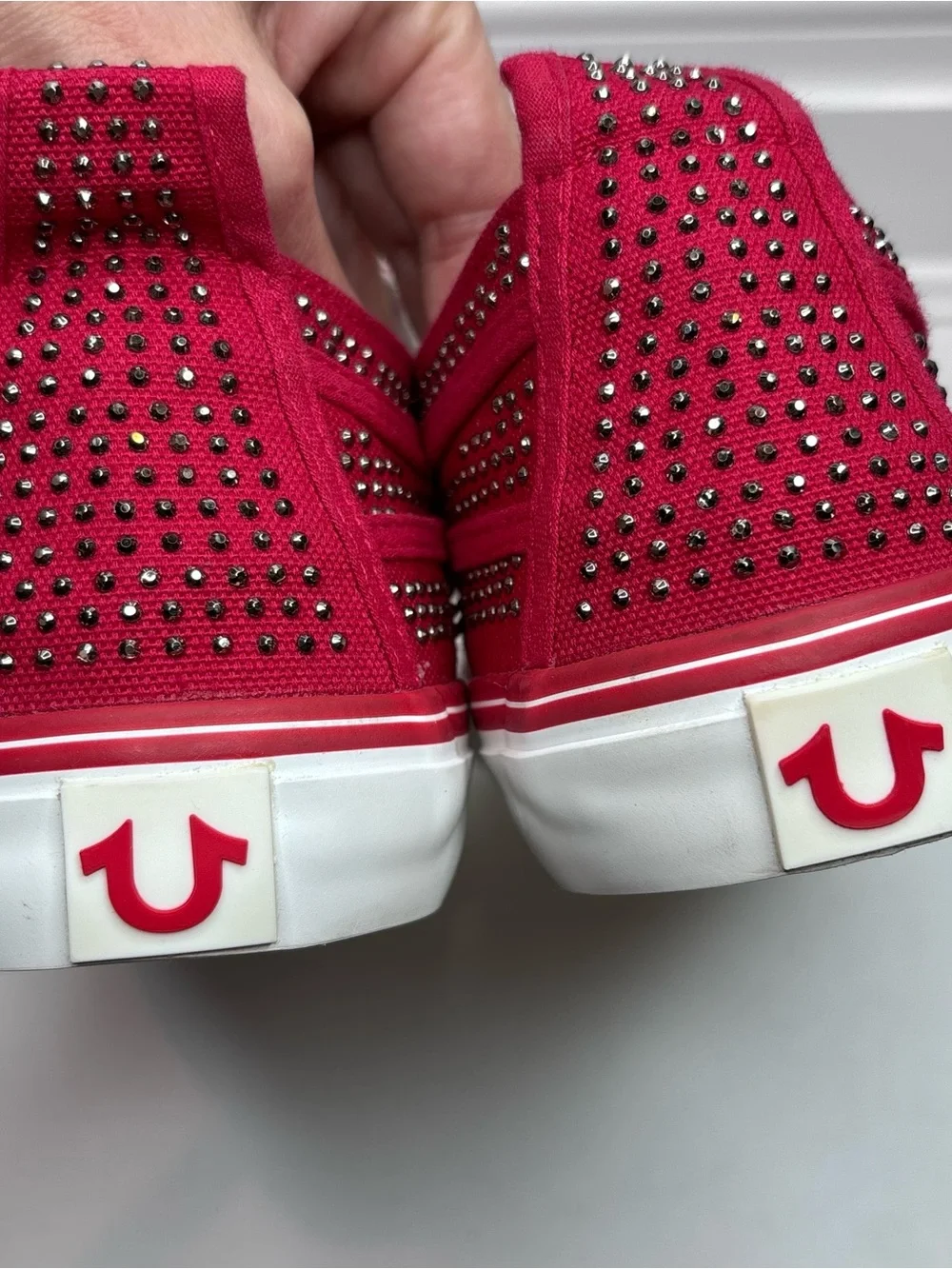 True Religion Women's Rhinestone-Studded Canvas Slip-On Sneakers Red & White 9.5